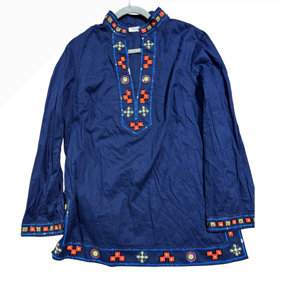 Tory Burch Navy Blue Embroidered Sequin Tunic Top Long Sleeve Split Neck M